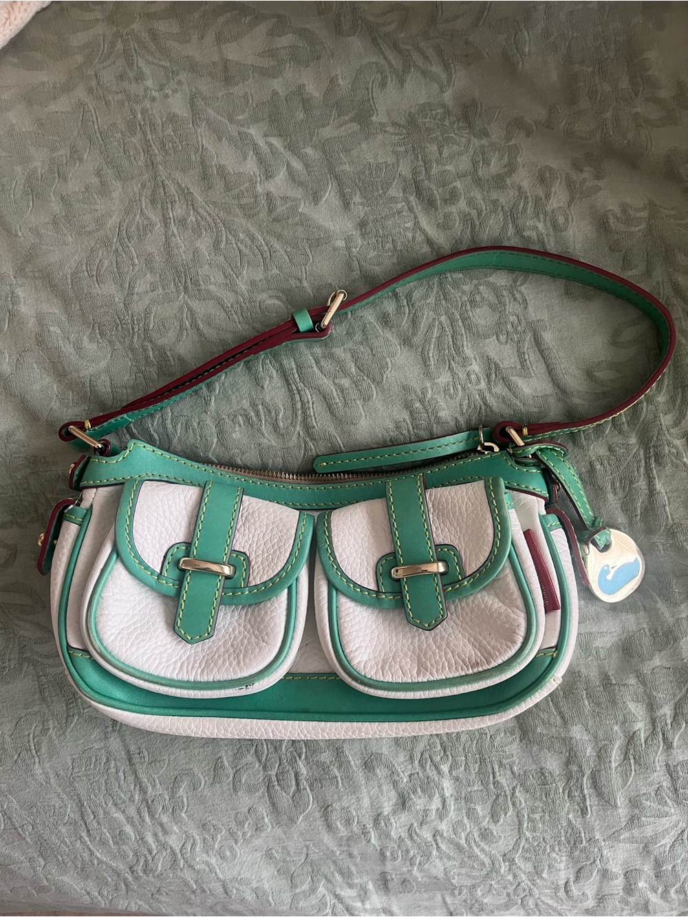 Vintage Dooney & Bourke White and Green Leather Shoulder Bag